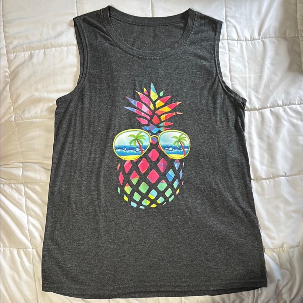 Gray Tank Top with Colorful Pineapple Design